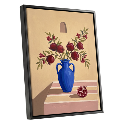 Pomegranates in Cobalt, beige, blue, red floral wall art shown as a black framed canvas wall art