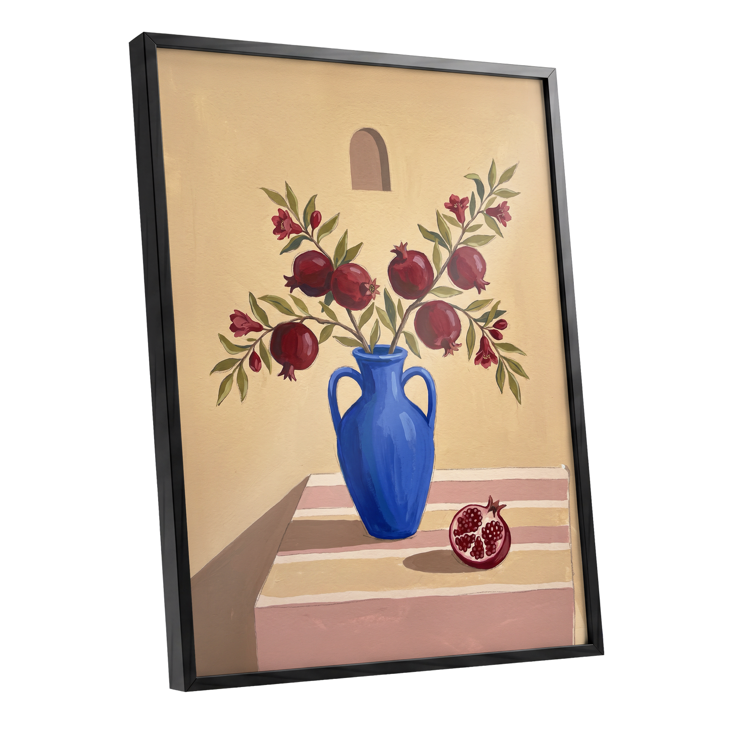 Pomegranates in Cobalt, beige, blue, red floral wall art shown as a black framed poster wall art print