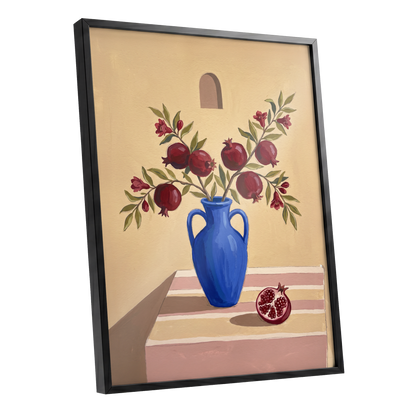 Pomegranates in Cobalt, beige, blue, red floral wall art shown as a black framed poster wall art print
