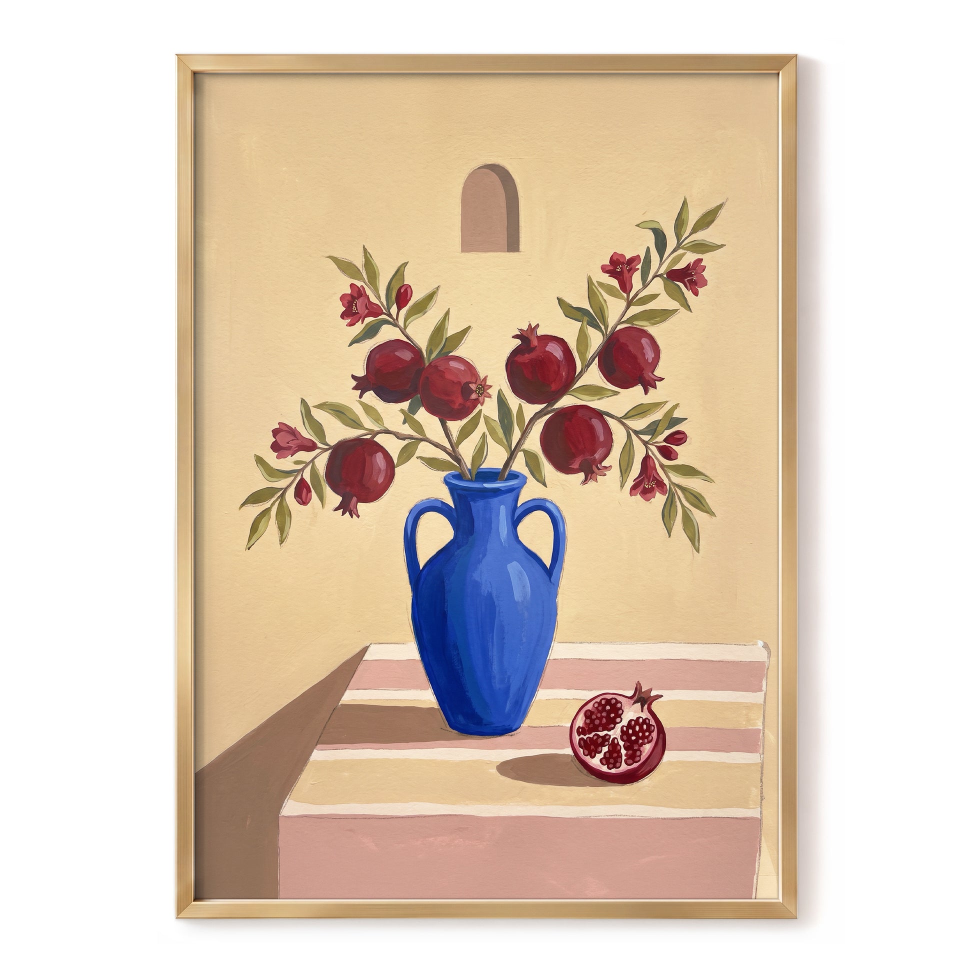 Pomegranates in Cobalt, beige, blue, red floral wall art, front artwork view