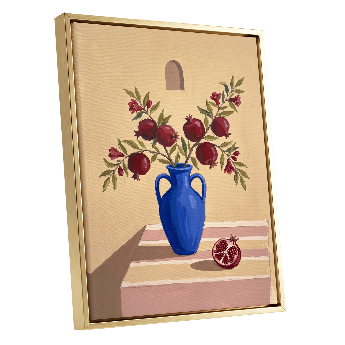 Pomegranates in Cobalt, beige, blue, red floral wall art shown as a gold framed canvas wall art