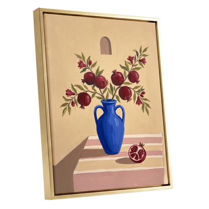 Pomegranates in Cobalt, beige, blue, red floral wall art shown as a gold framed canvas wall art