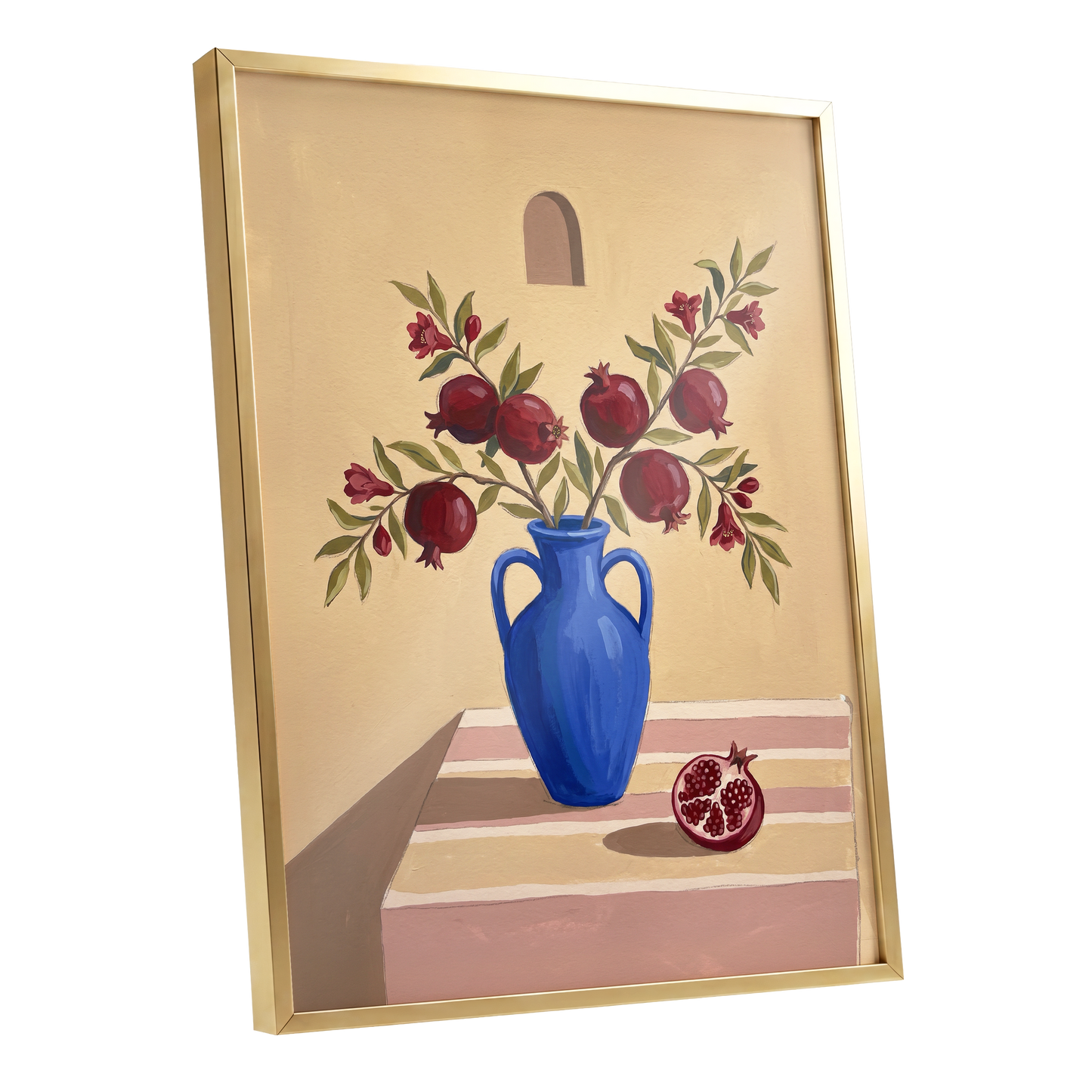 Pomegranates in Cobalt, beige, blue, red floral wall art shown as a gold framed poster wall art print