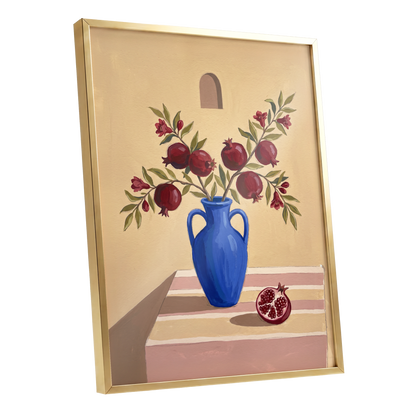 Pomegranates in Cobalt, beige, blue, red floral wall art shown as a gold framed poster wall art print
