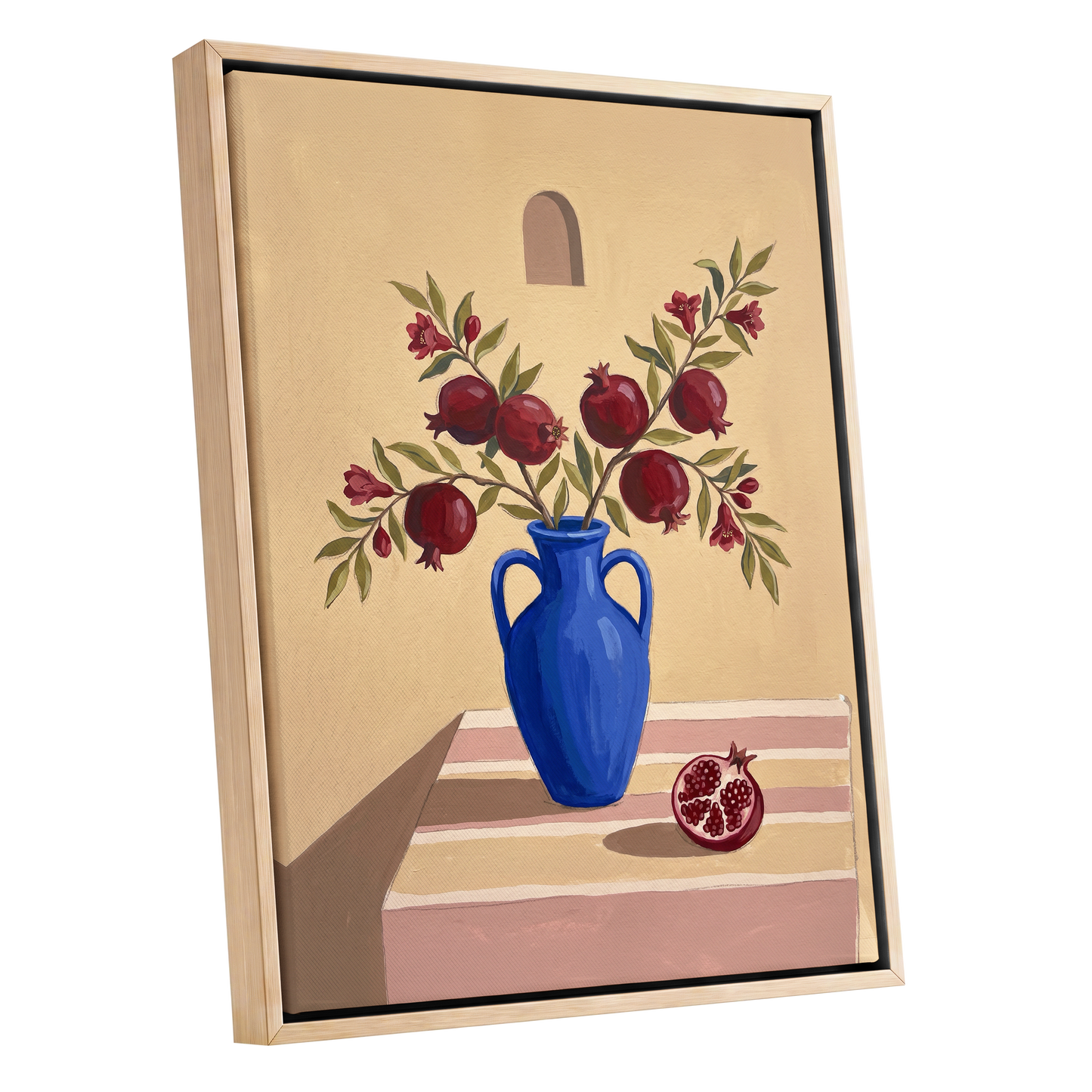 Pomegranates in Cobalt, beige, blue, red floral wall art shown as a oak framed canvas wall art