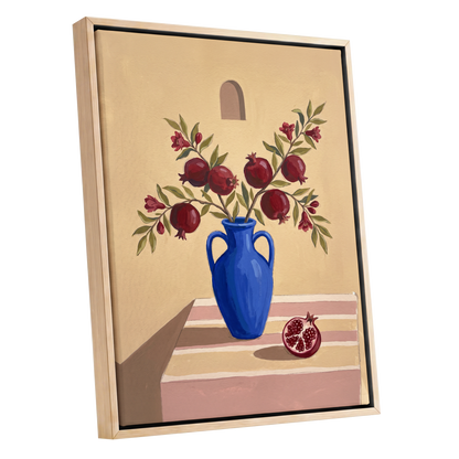 Pomegranates in Cobalt, beige, blue, red floral wall art shown as a oak framed canvas wall art