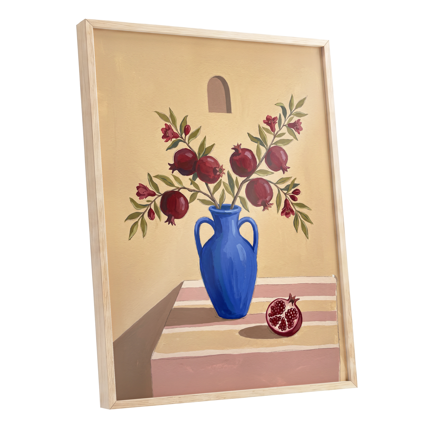 Pomegranates in Cobalt, beige, blue, red floral wall art shown as a oak framed poster wall art print