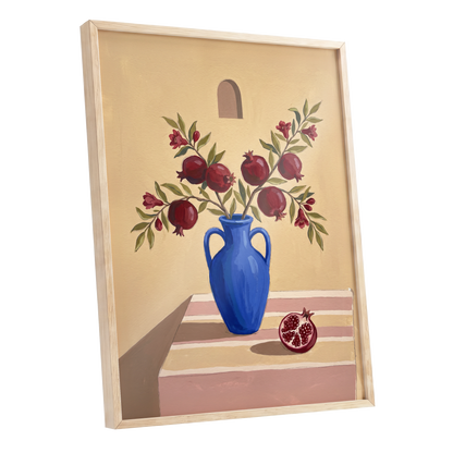 Pomegranates in Cobalt, beige, blue, red floral wall art shown as a oak framed poster wall art print