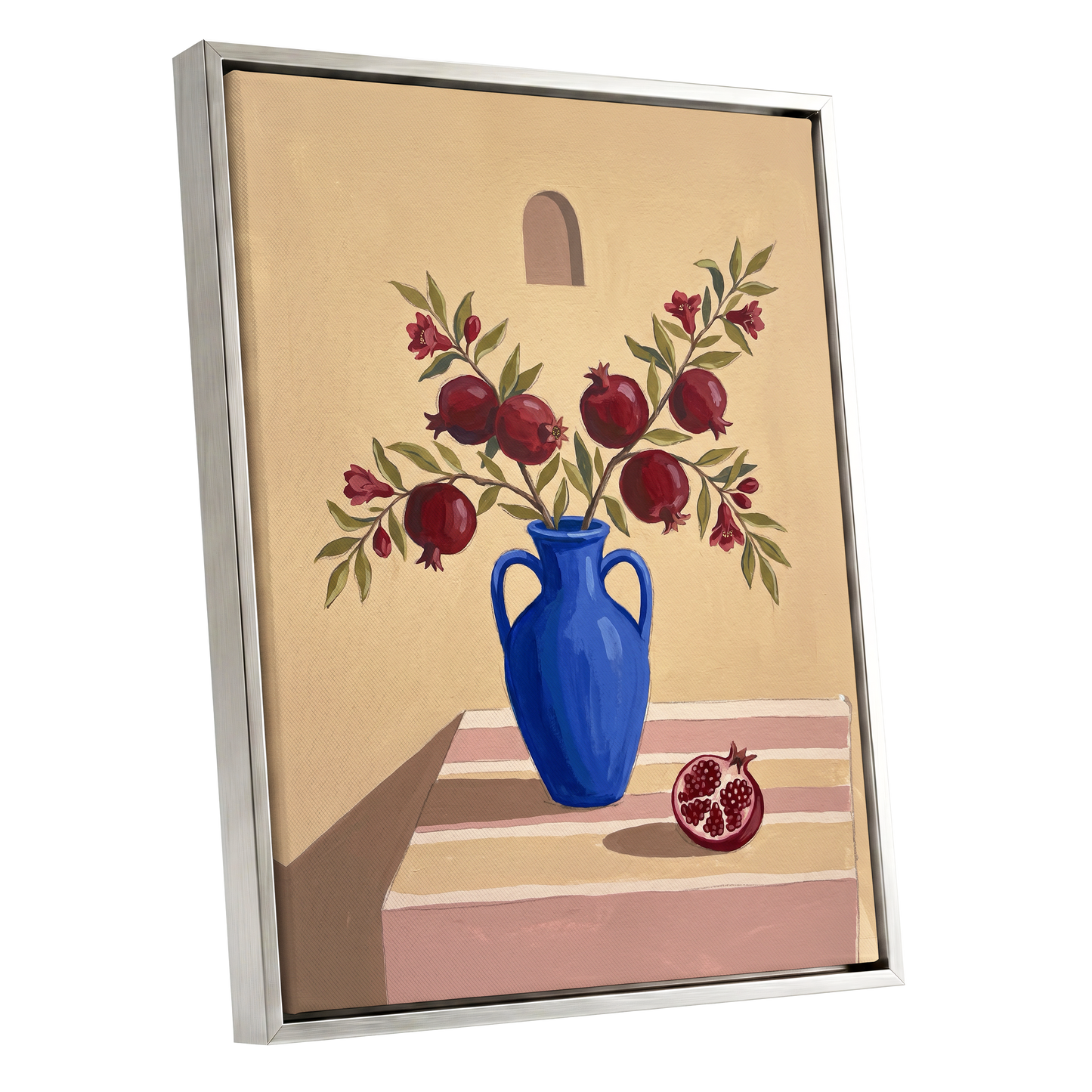 Pomegranates in Cobalt, beige, blue, red floral wall art shown as a silver framed canvas wall art
