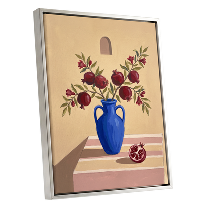 Pomegranates in Cobalt, beige, blue, red floral wall art shown as a silver framed canvas wall art