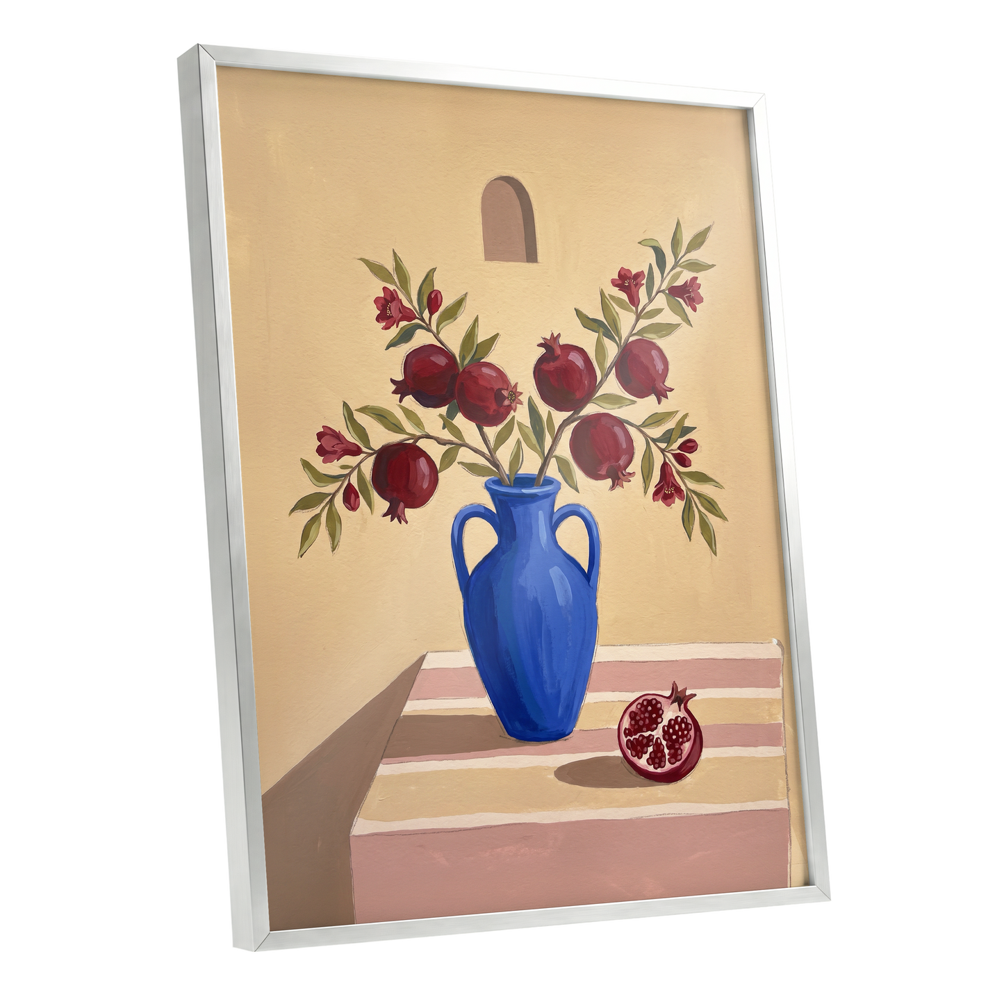 Pomegranates in Cobalt, beige, blue, red floral wall art shown as a silver framed poster wall art print