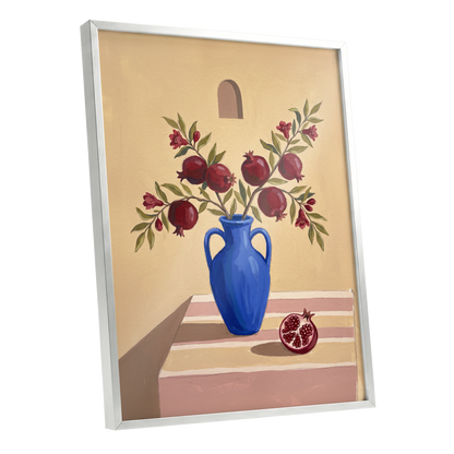 Pomegranates in Cobalt, beige, blue, red floral wall art shown as a silver framed poster wall art print