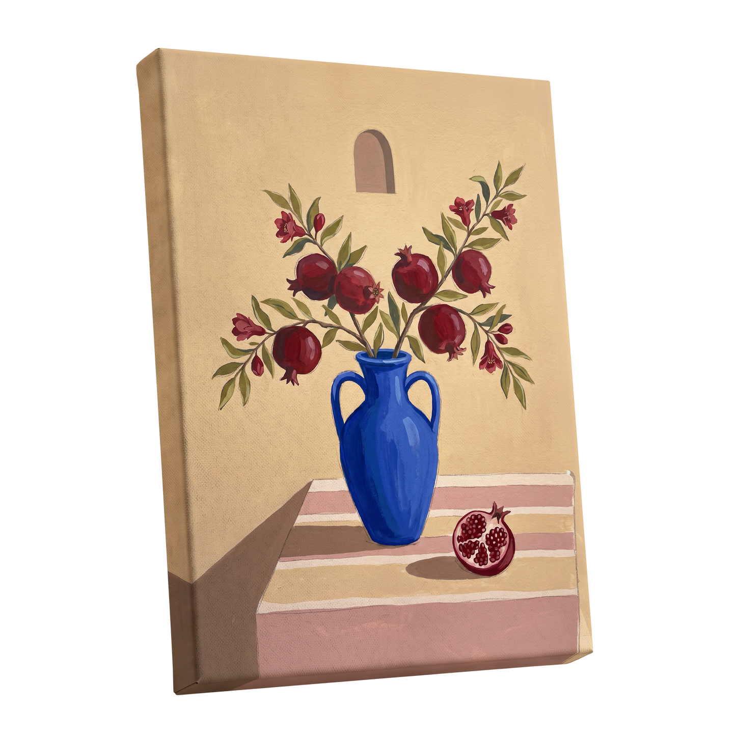 Pomegranates in Cobalt, beige, blue, red floral wall art shown as a stretched canvas wall art