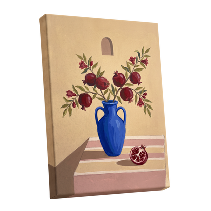 Pomegranates in Cobalt, beige, blue, red floral wall art shown as a stretched canvas wall art