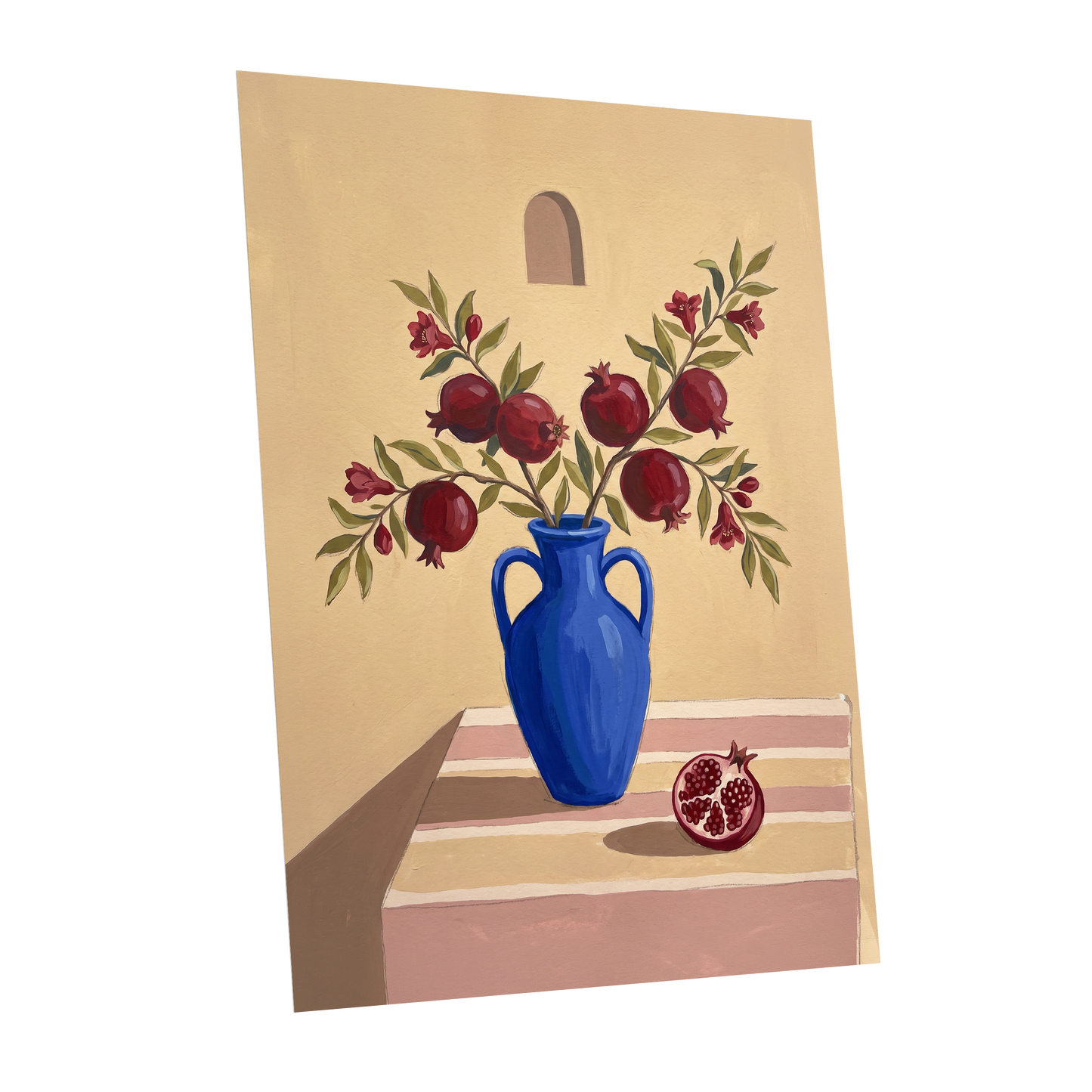 Pomegranates in Cobalt, beige, blue, red floral wall art shown as a unframed poster wall art print
