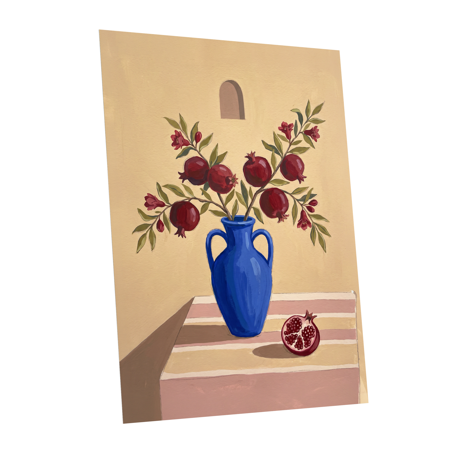 Pomegranates in Cobalt, beige, blue, red floral wall art shown as a unframed poster wall art print
