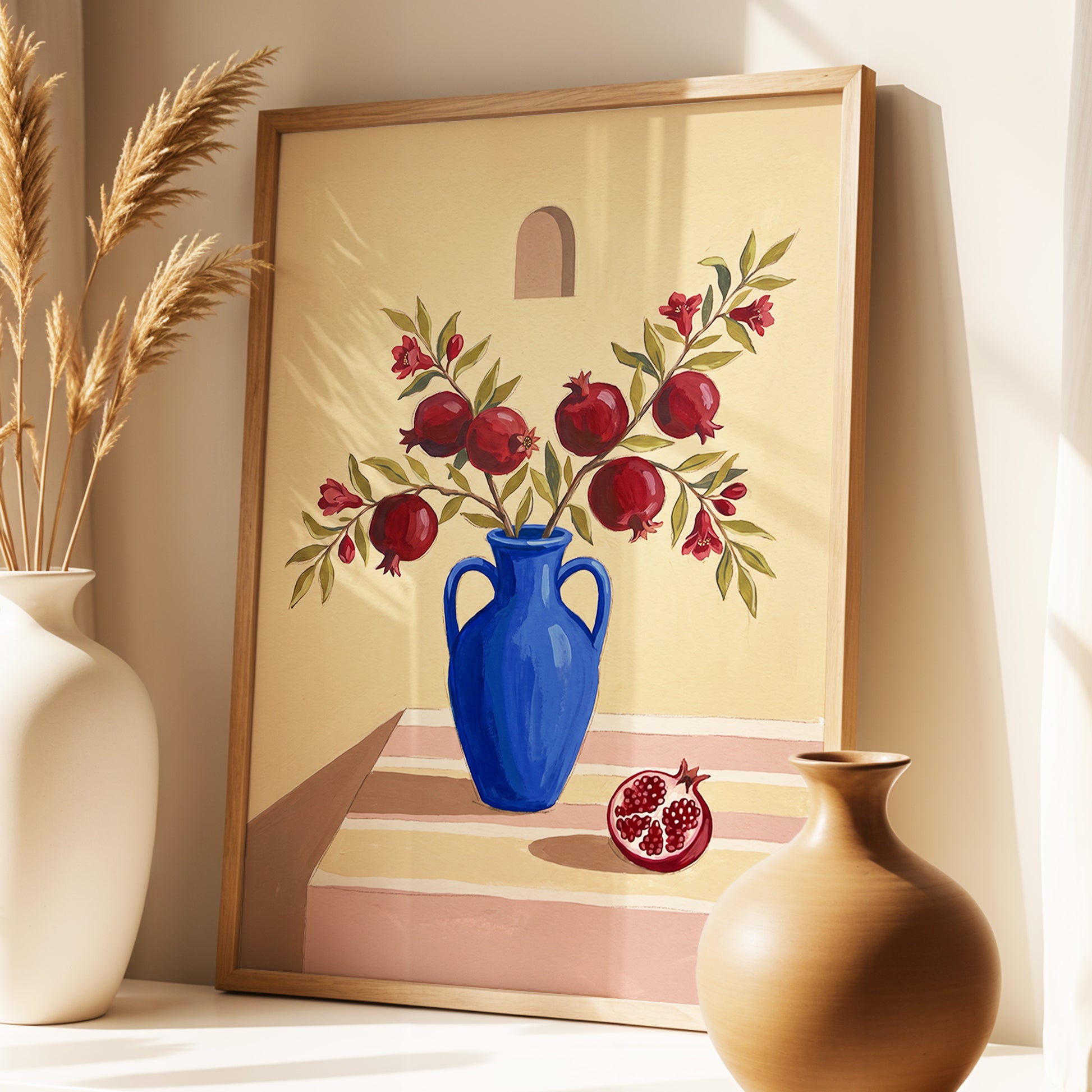 Pomegranates in Cobalt, beige, blue, red floral wall art displayed in a styled interior, gallery view 2