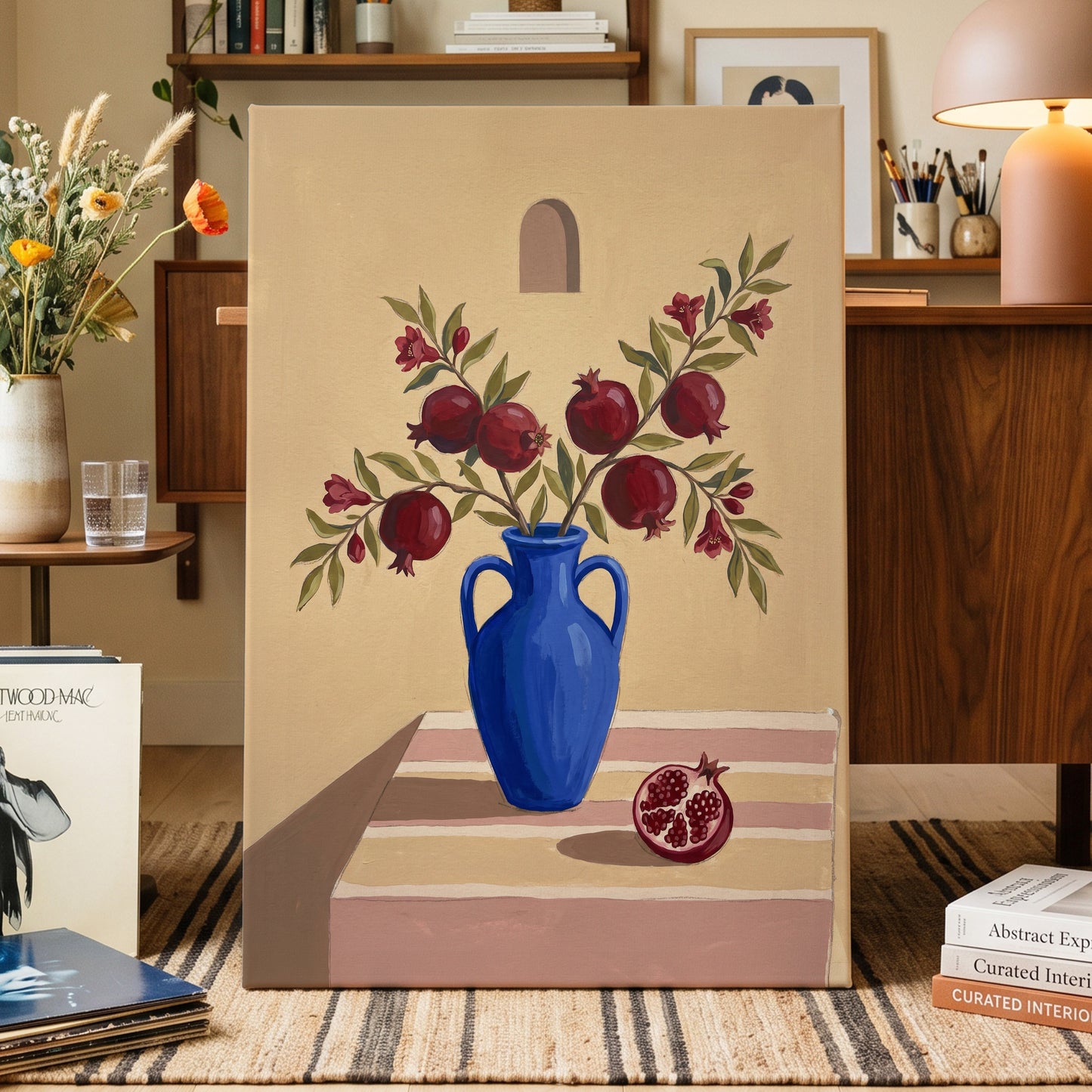Pomegranates in Cobalt, beige, blue, red floral wall art displayed in a styled interior, gallery view 3