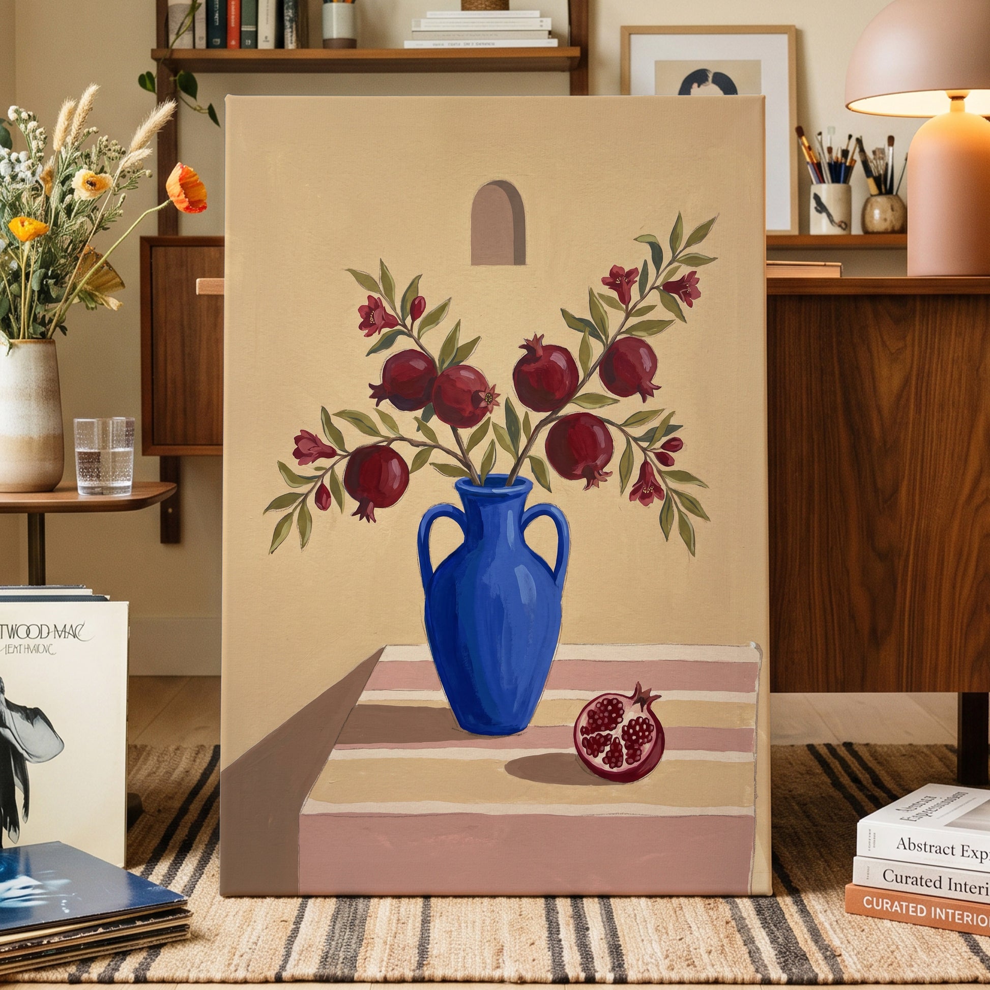 Pomegranates in Cobalt, beige, blue, red floral wall art displayed in a styled interior, gallery view 3