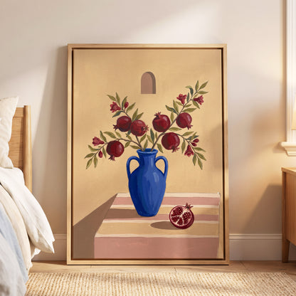Pomegranates in Cobalt, beige, blue, red floral wall art displayed in a styled interior, gallery view 4