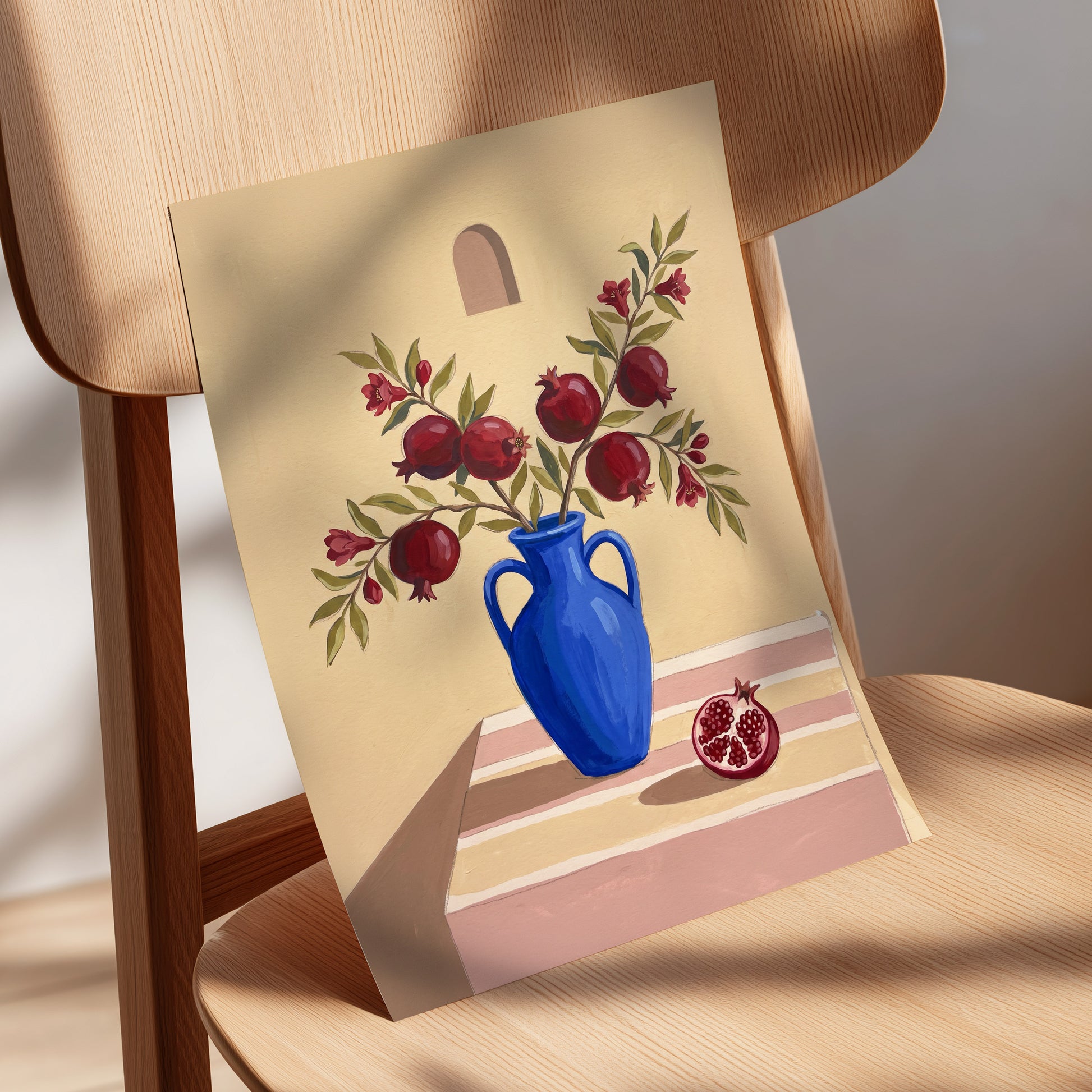 Pomegranates in Cobalt, beige, blue, red floral wall art displayed in a styled interior, gallery view 5