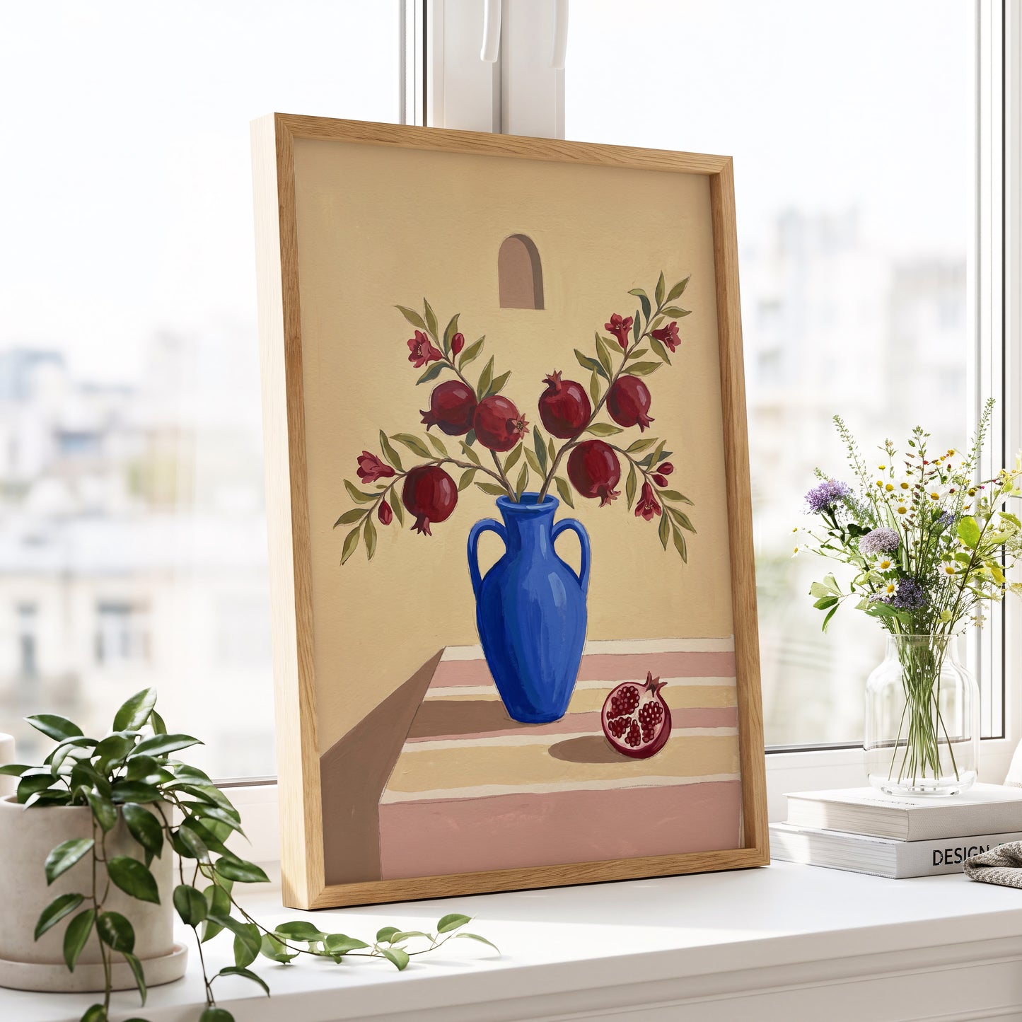 Pomegranates in Cobalt, beige, blue, red floral wall art displayed in a styled interior, gallery view 6