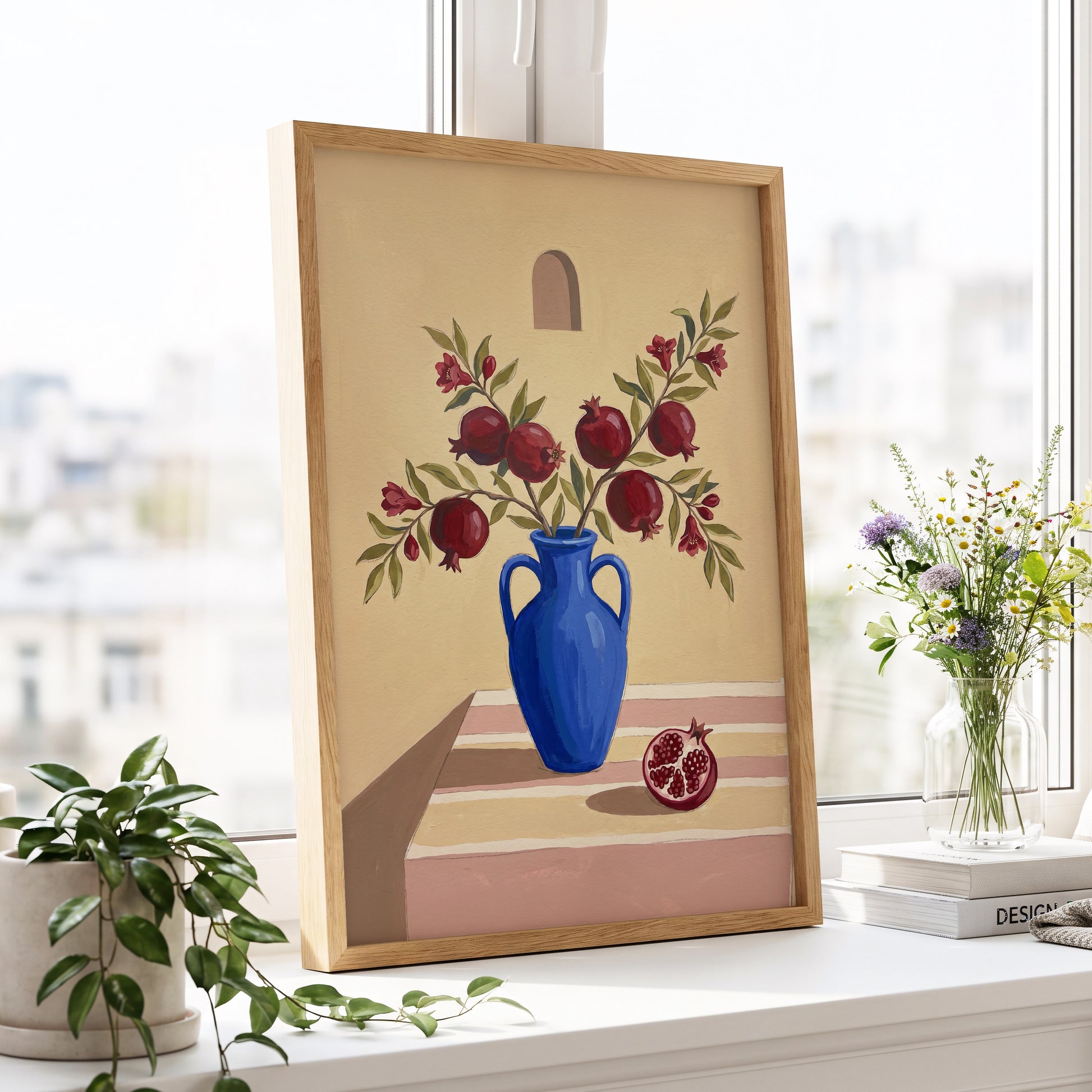 Pomegranates in Cobalt, beige, blue, red floral wall art displayed in a styled interior, gallery view 6