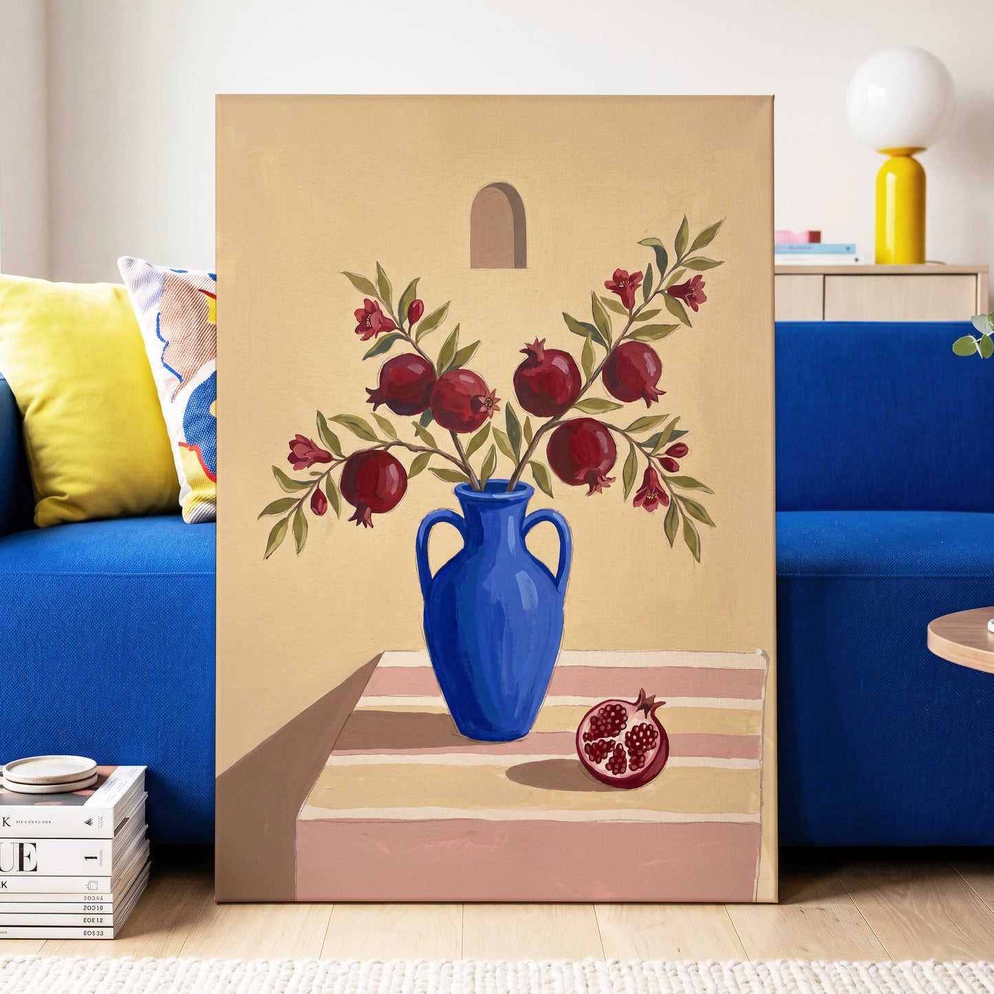Pomegranates in Cobalt, beige, blue, red floral wall art displayed in a styled interior, gallery view 7