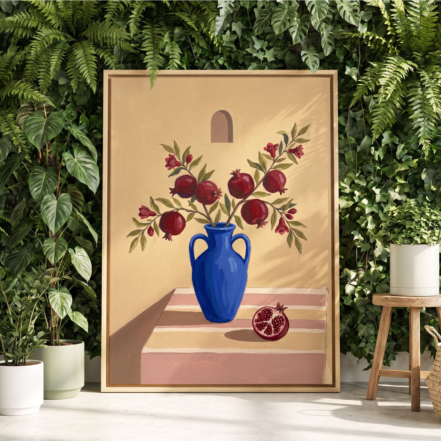 Pomegranates in Cobalt, beige, blue, red floral wall art displayed in a styled interior, gallery view 8