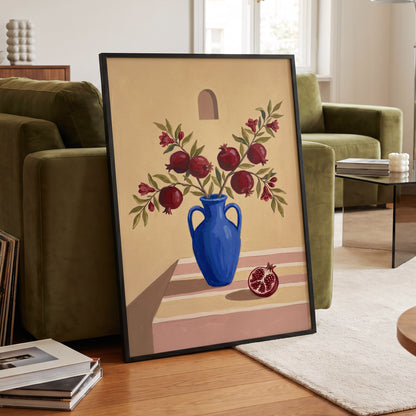 Pomegranates in Cobalt, beige, blue, red floral wall art displayed in a styled interior, gallery view 9