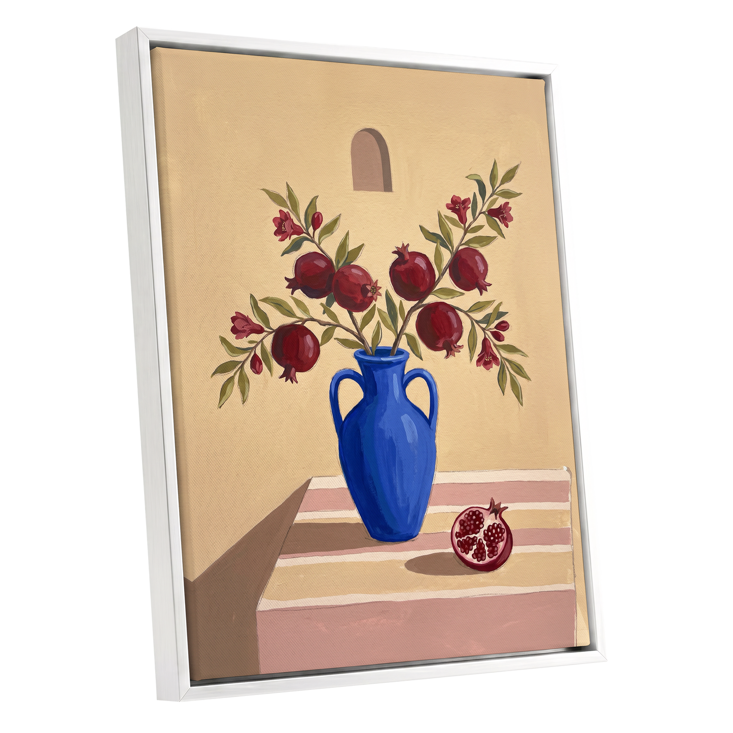 Pomegranates in Cobalt, beige, blue, red floral wall art shown as a white framed canvas wall art