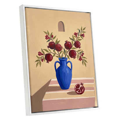 Pomegranates in Cobalt, beige, blue, red floral wall art shown as a white framed canvas wall art