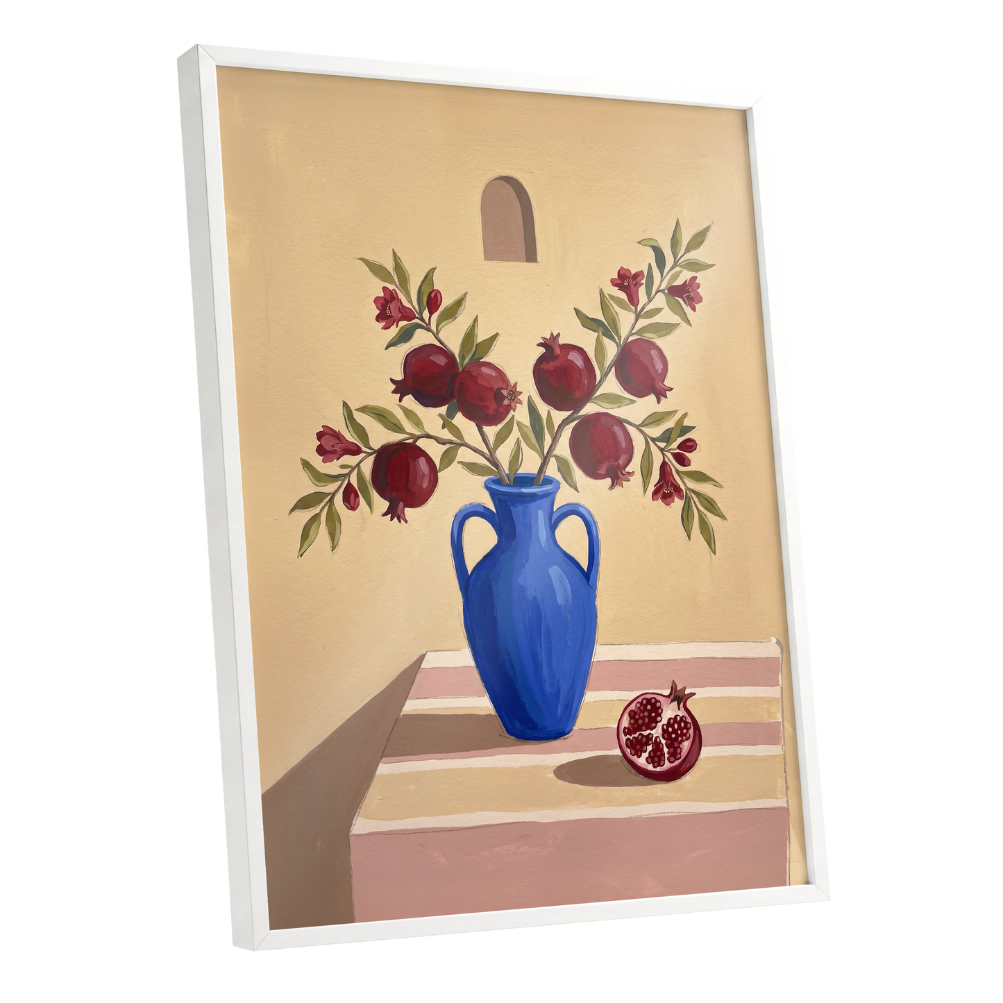 Pomegranates in Cobalt, beige, blue, red floral wall art shown as a white framed poster wall art print