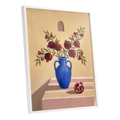 Pomegranates in Cobalt, beige, blue, red floral wall art shown as a white framed poster wall art print