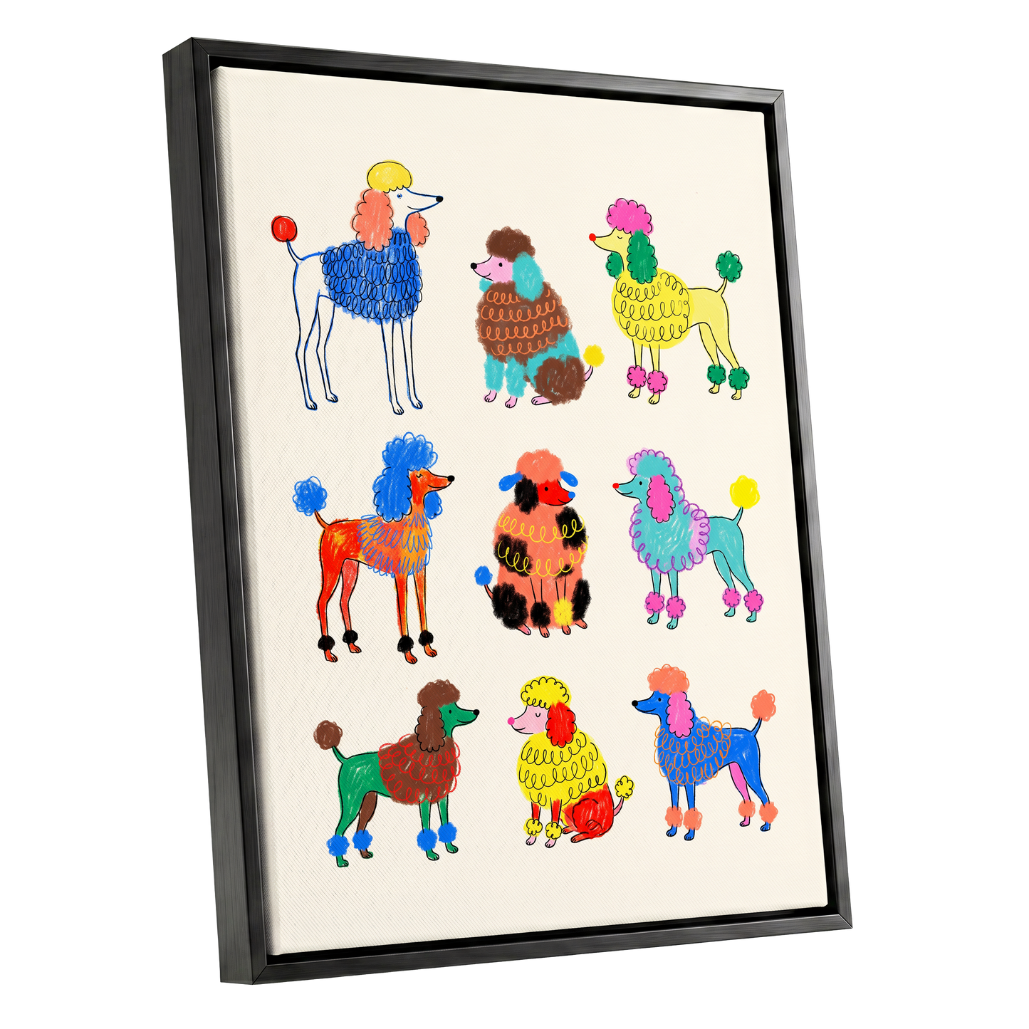 Poodle Parade, multicolor, beige, blue nature wall art shown as a black framed canvas wall art