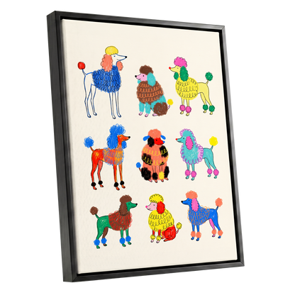 Poodle Parade, multicolor, beige, blue nature wall art shown as a black framed canvas wall art