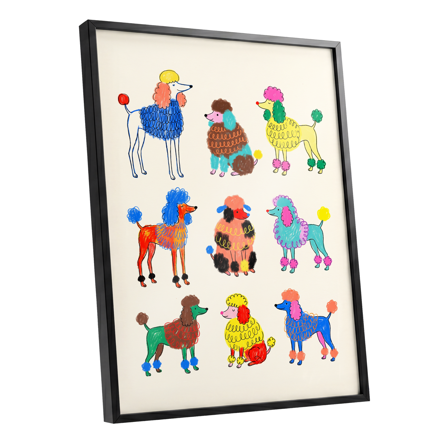Poodle Parade, multicolor, beige, blue nature wall art shown as a black framed poster wall art print