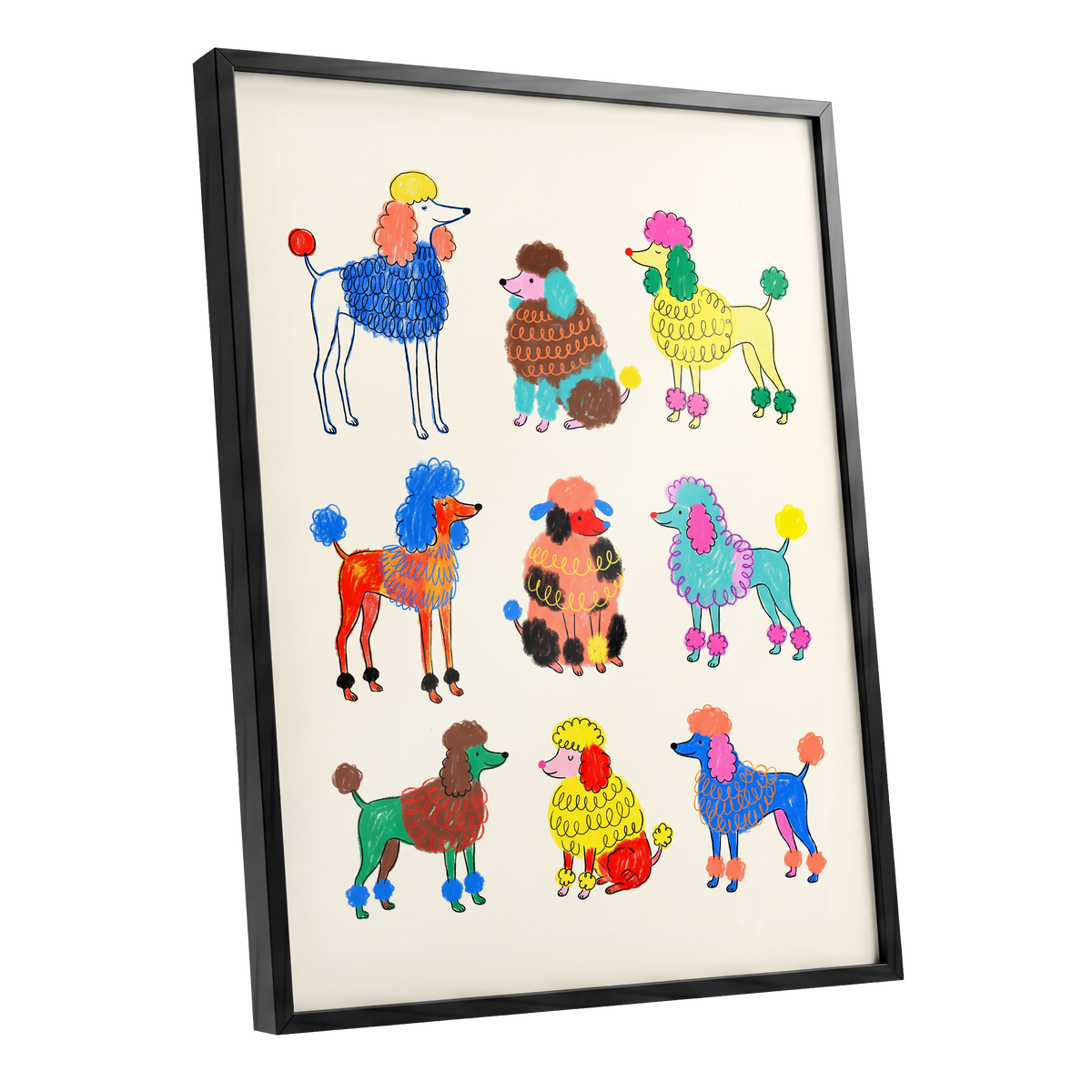 Poodle Parade, multicolor, beige, blue nature wall art shown as a black framed poster wall art print