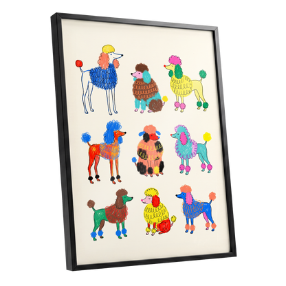 Poodle Parade, multicolor, beige, blue nature wall art shown as a black framed poster wall art print