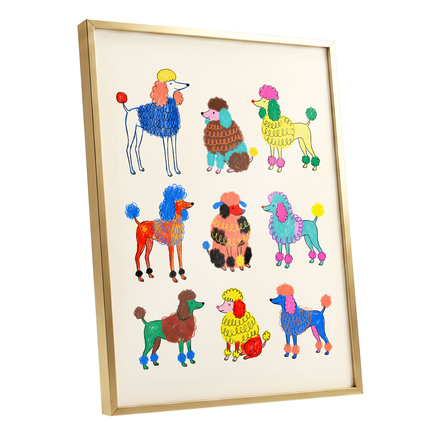 Poodle Parade, multicolor, beige, blue nature wall art shown as a gold framed poster wall art print