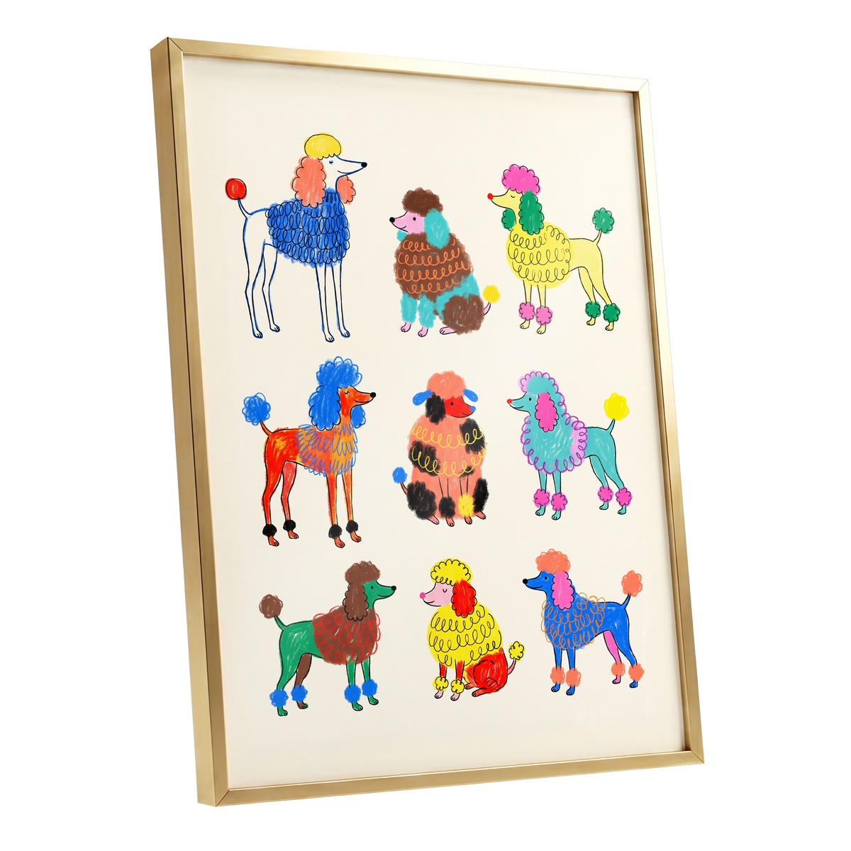 Poodle Parade, multicolor, beige, blue nature wall art shown as a gold framed poster wall art print