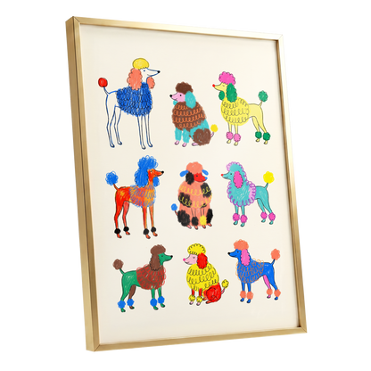 Poodle Parade, multicolor, beige, blue nature wall art shown as a gold framed poster wall art print