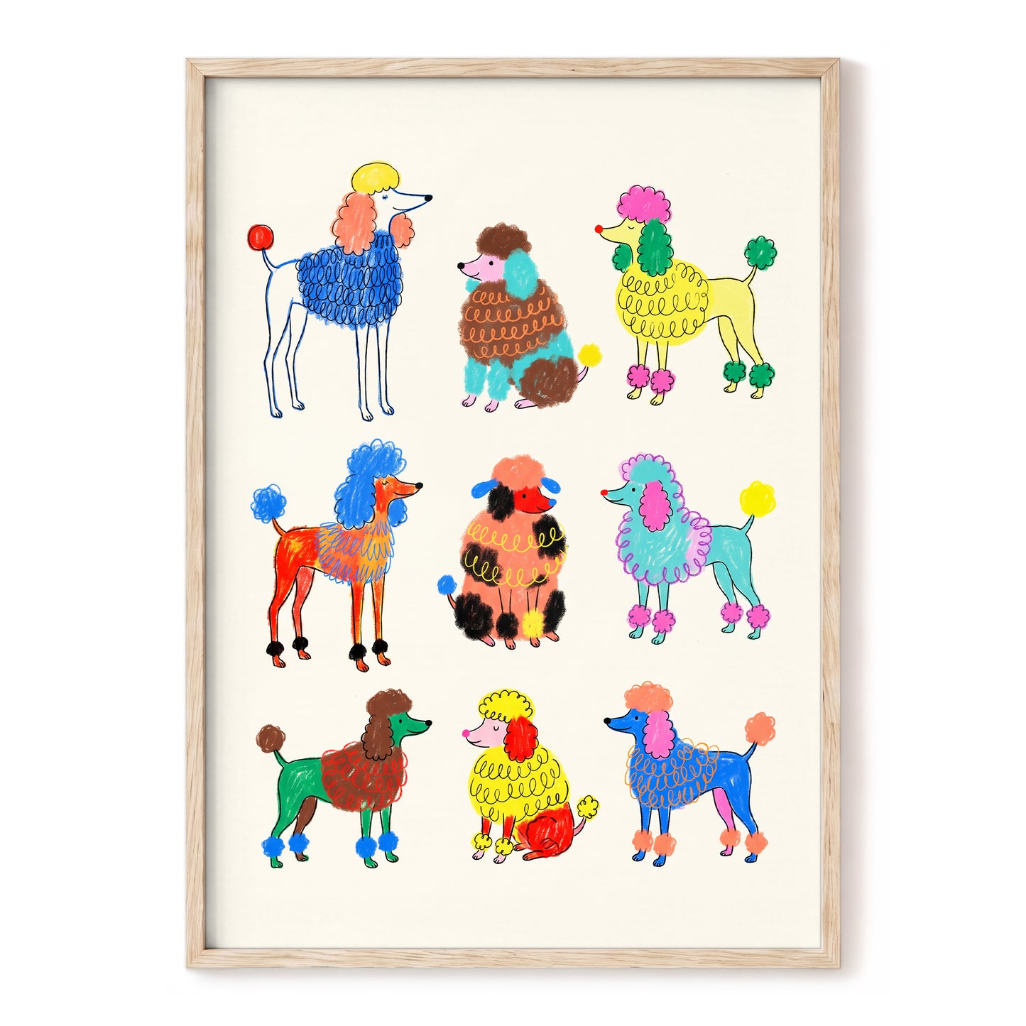 Poodle Parade, multicolor, beige, blue nature wall art, front artwork view