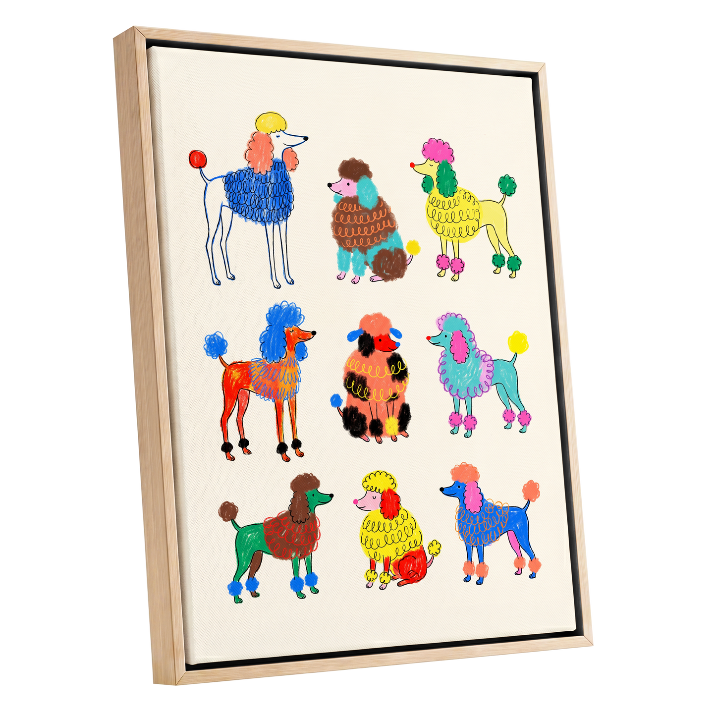 Poodle Parade, multicolor, beige, blue nature wall art shown as a oak framed canvas wall art