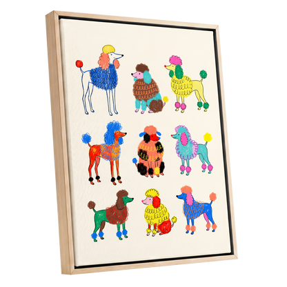 Poodle Parade, multicolor, beige, blue nature wall art shown as a oak framed canvas wall art