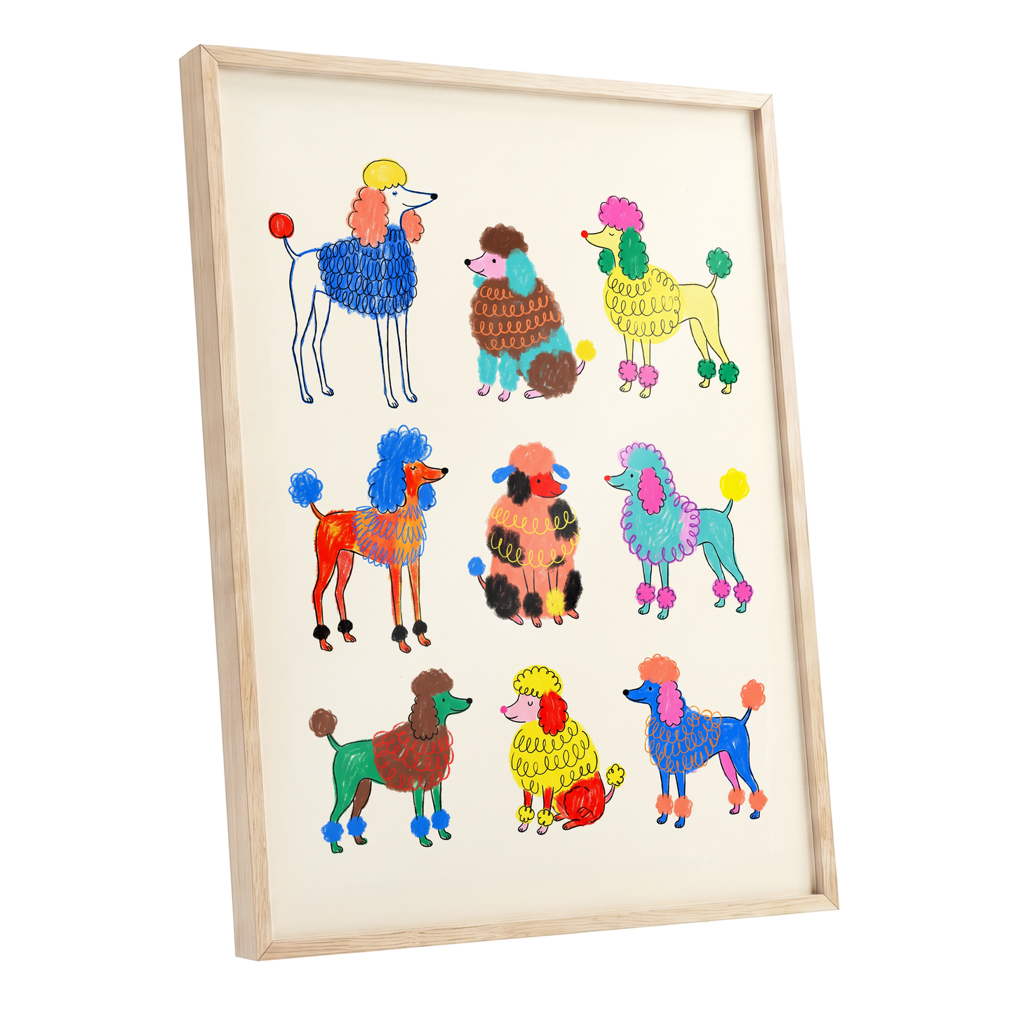 Poodle Parade, multicolor, beige, blue nature wall art shown as a oak framed poster wall art print
