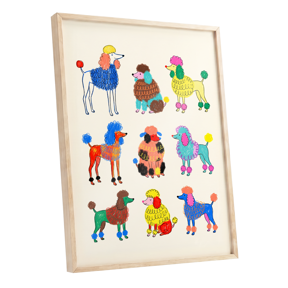 Poodle Parade, multicolor, beige, blue nature wall art shown as a oak framed poster wall art print