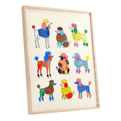 Poodle Parade, multicolor, beige, blue nature wall art shown as a oak framed poster wall art print