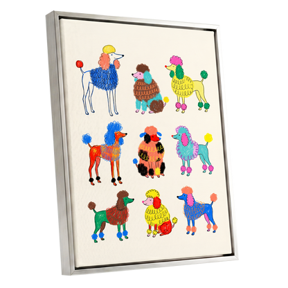 Poodle Parade, multicolor, beige, blue nature wall art shown as a silver framed canvas wall art
