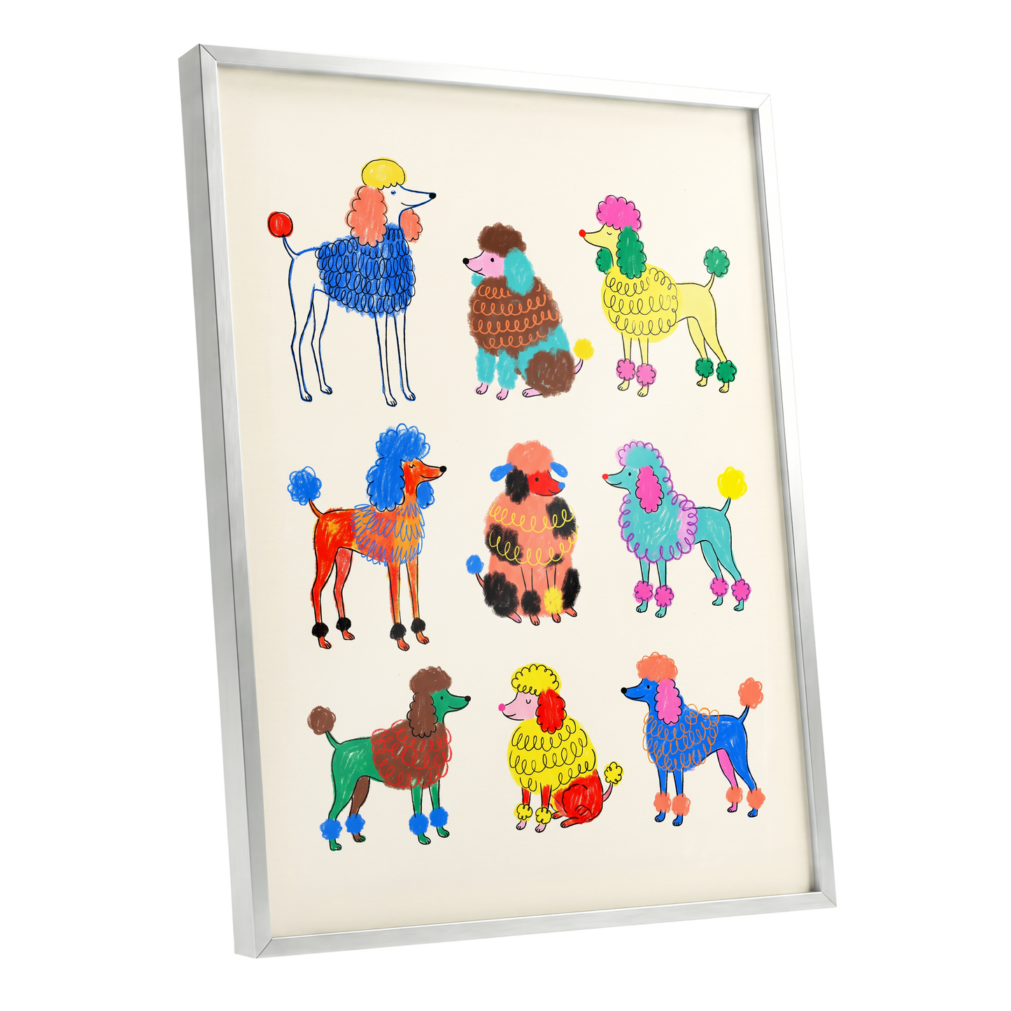 Poodle Parade, multicolor, beige, blue nature wall art shown as a silver framed poster wall art print